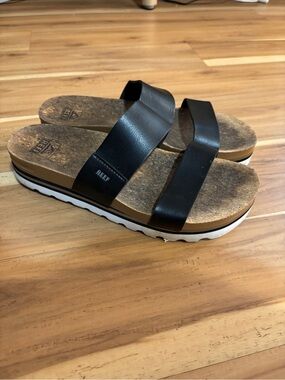 Reef Women's Black Double-Strap Platform Slides with Cork Footbed